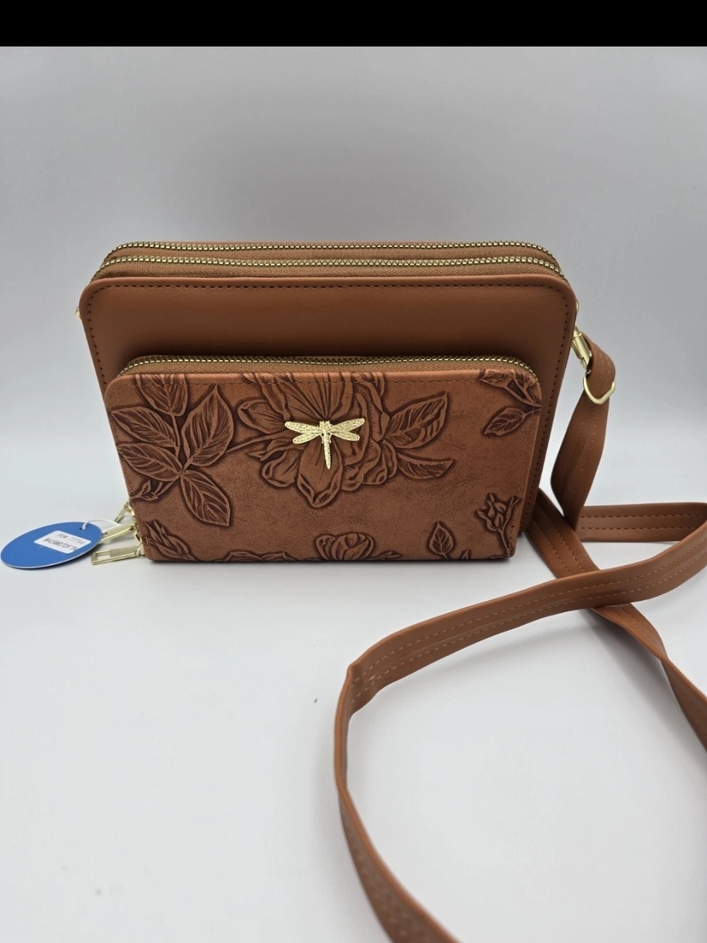 Brown Floral Embossed Crossbody Bag with Gold Dragonfly Accent